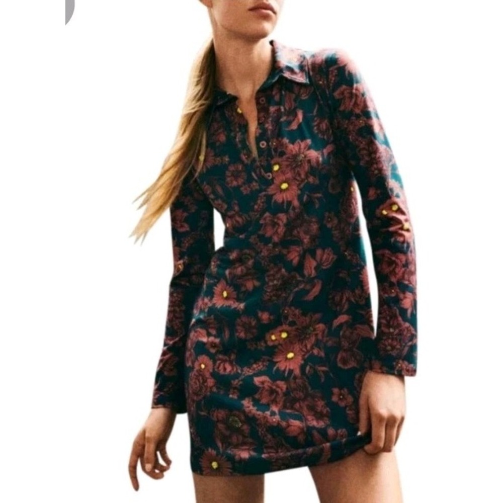 ZARA Floral Long Sleeve Polo Collar Mini Dress Retro Botanical Print SZ S 60's